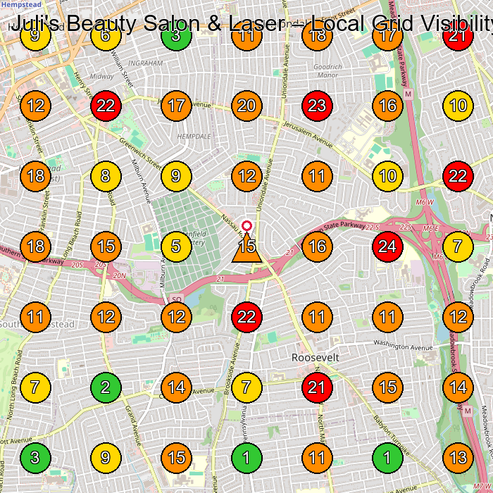 Juli's Beauty Salon & Laser Beauty Salon GeoGrid ranking map for Uniondale NY